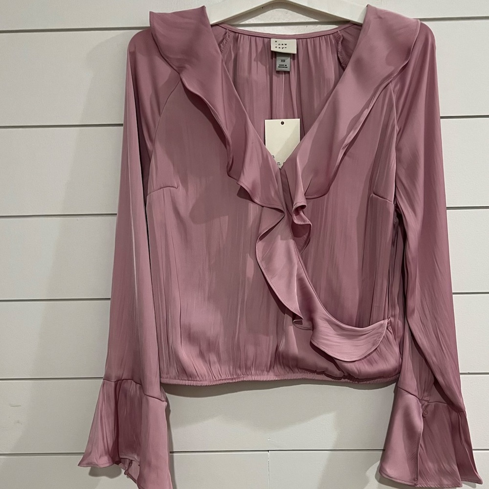Ruffled V-Neck Long Sleeve Blouse - Dusty Rose